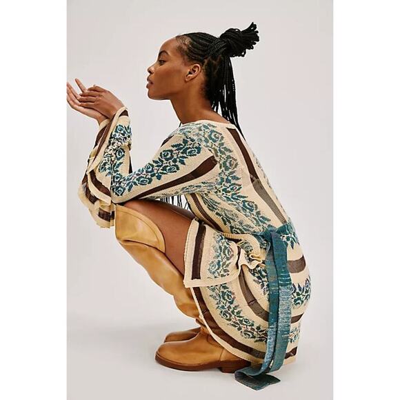 Free People Bella Rosa Wrap Mini Dress V-Neck Neutral Combo Size M NWT - Picture 2 of 11